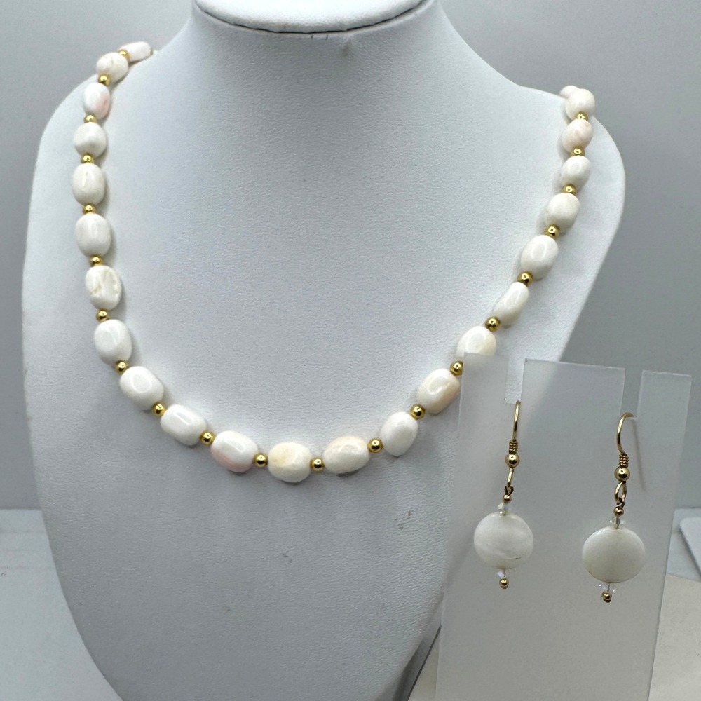 White Stone Bead Necklace and Earring Set Gold Tone Coastal Jewelry Vintage